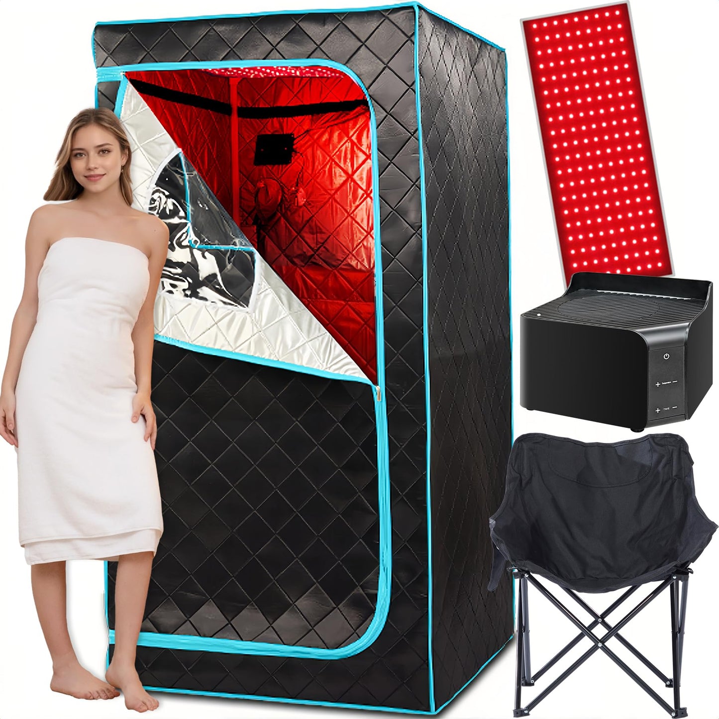 Portable Sauna with Red Light Therapy Home Sauna Tent with 145 Dry Heating Box, Simple Control, Foldable Chair Included for Relaxation, Large Space 33.8 * 33.8 * 70.8