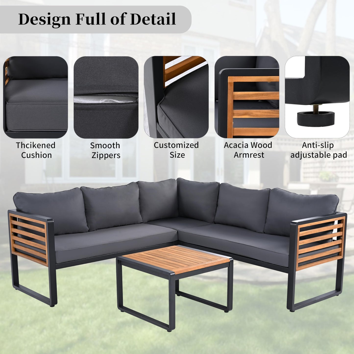 4 Pieces Outdoor Patio Conservation Set, Metal and Wood Frame Sectional L-Shaped Sofa with Soft Cushion and a Coffee Tables for Garden, Backyard, Porch and Deck, Gray