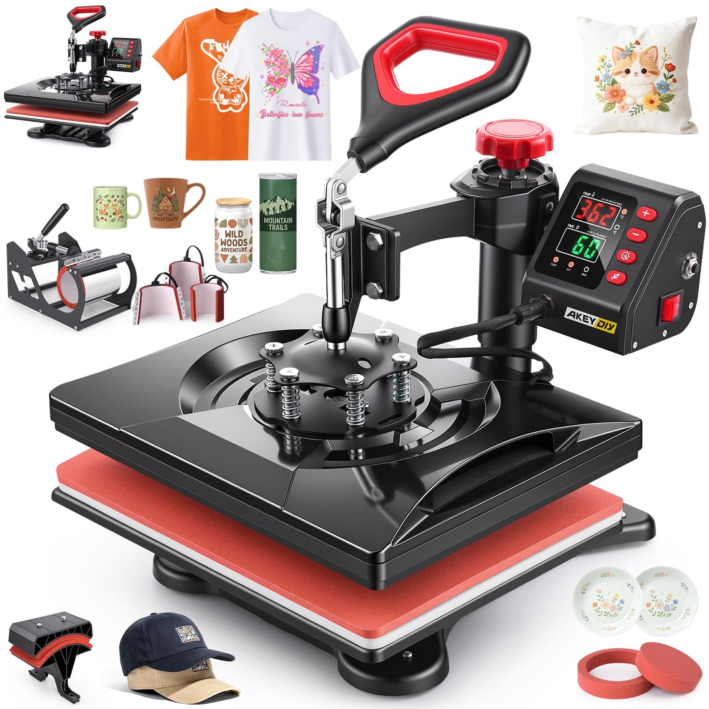 AKEYDIY Heat Press Machine,8 in 1 Multi-Function Heat Press Rapid Heating Tshirt Press,360° Digital Vinyl Sublimation Press Machine Heat Transfer Machine for T-Shirts,Cap,Mug,Plate,DIY