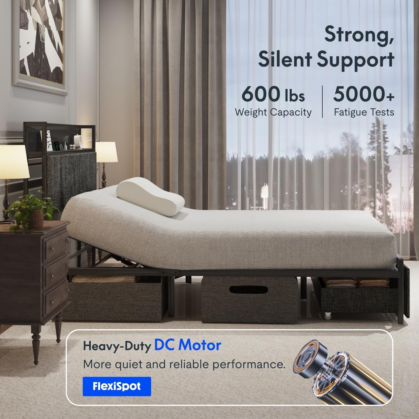 FLEXISPOT Queen Adjustable Bed with Storage Headboard, Charging Station, Head Incline, LED Lighting, Storage Drawers, Quiet Powerful DC Motor, and Easy Assembly