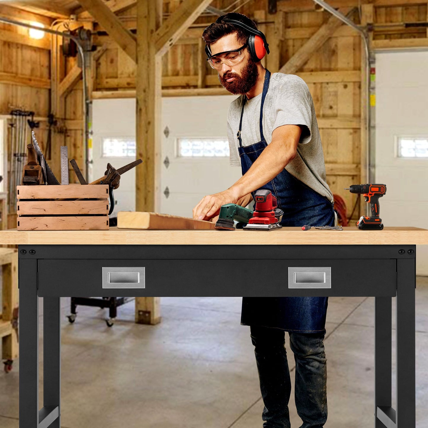 Antifir 48” Adjustable Workbench with Drawer Storage, 2000 LBS Load Capacity Heavy Duty Workstation with Power Outlets, Rubber Wood Top Worktable for Garage, Office,Workshop, Commercial