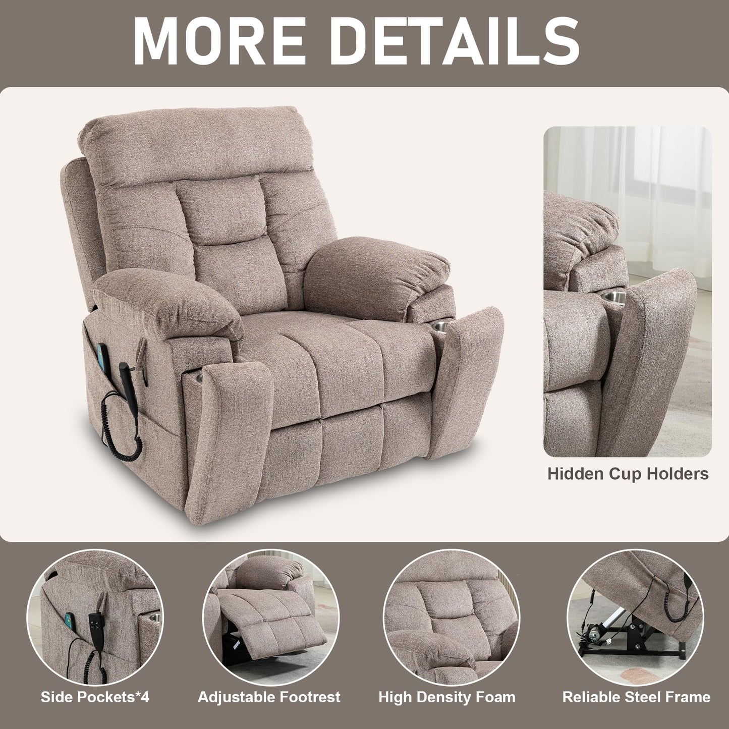 RHHVVR Oversized Lift Recliner Chair for Elderly, 26" Extra Wide Seat Power Lift Recliners with Heat and Massage, Dual Motor Electric Lay Flat Living Room Sofa with Lumbar Pillow, Light Brown