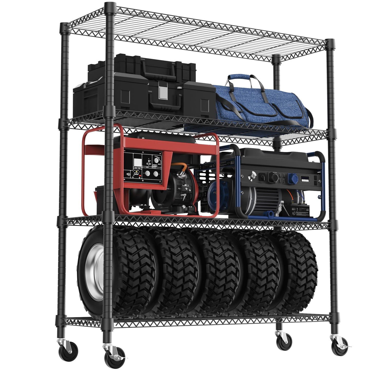 M MZG 1400LBS 47.2" W 4 Tiers Storage Shelves Metal Shelving Unit with Wheels Heavy Duty Garage Shelving Adjustable Wire Shelves for Pantry,Kitchen,Garage,Basement,Black 17.7" D x 47.2" W x 62.7" H