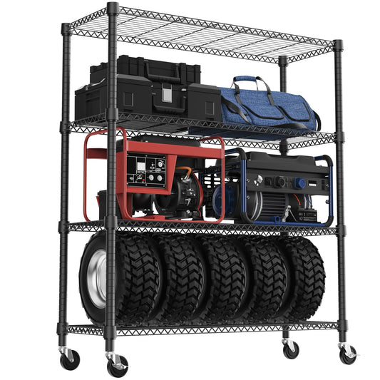 M MZG 1400LBS 47.2" W 4 Tiers Storage Shelves Metal Shelving Unit with Wheels Heavy Duty Garage Shelving Adjustable Wire Shelves for Pantry,Kitchen,Garage,Basement,Black 17.7" D x 47.2" W x 62.7" H