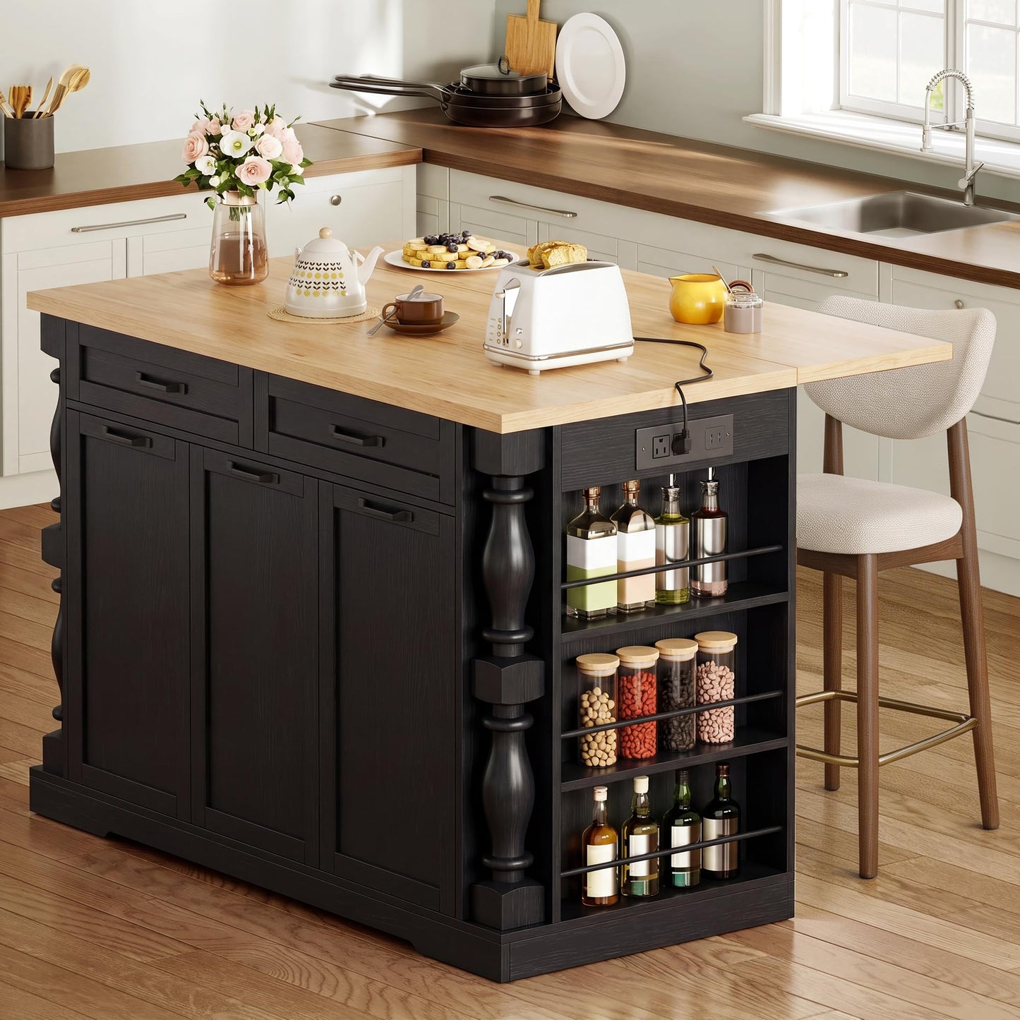 Homiflex Kitchen Island, 47.6"x20" Kitchen Island with Spice Rack & 11.8" Drop Leaf, Coffee Cart on Wheels Breakfast Bar Table Storage & Trash Bin Islands Table with Power Outlet for Dining Room-Black