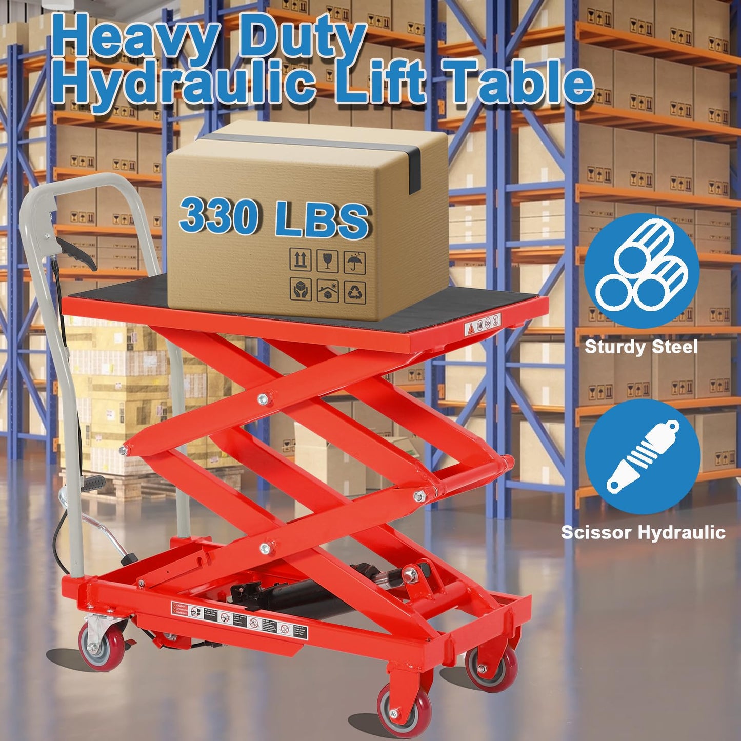 Garvee Heavy Duty Hydraulic Lift Table Cart 330LB Capacity, Double Scissor Lift Table with 50" Lifting Height, Non-Slip Platform & Locking Wheels for Garage, Warehouse, Workshop, Red