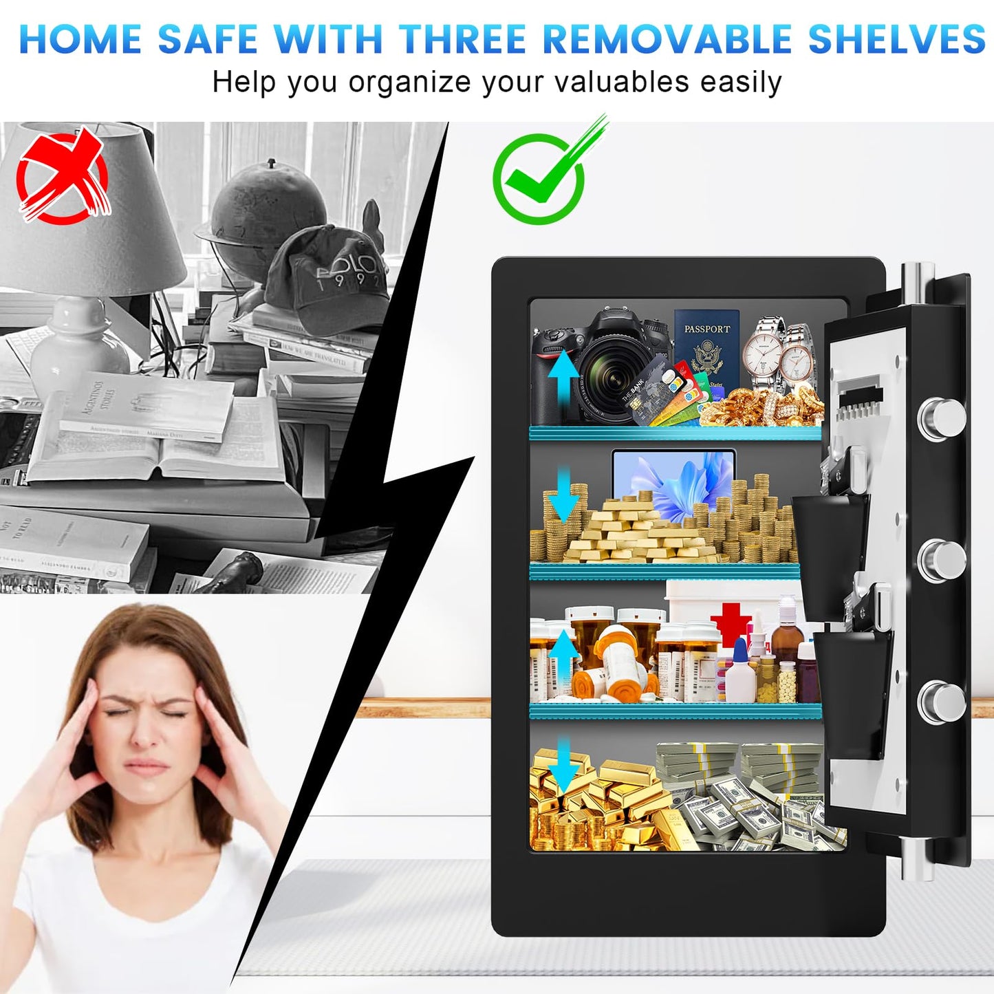 𝟐𝟑.𝟔𝟐" 𝐓𝐚𝐥𝐥 Large Biometric Safe Box, Home Safes Water Fireproof, Duty Document Safe with Bottom Hidden Compartment, Anti-Theft Dual Alerts, Mute Mode, Digital Security for Home and Business
