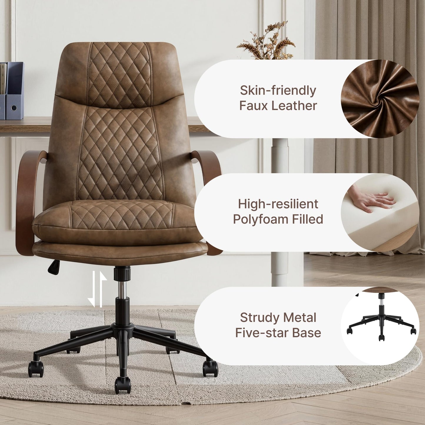 KISLOT Home Office Desk Chair, Ergonomic Office Chair with Lumbar Support, Adjustable Swivel Computer Chair with Wheels, Faux Leather Executive Task Chair with Wood Arms, Brown