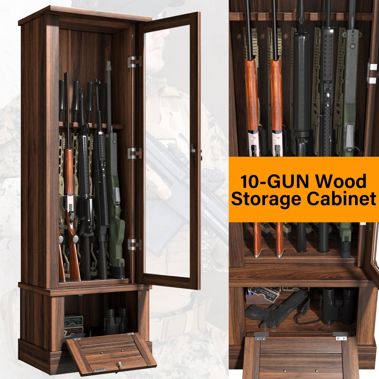kepptory Gun Safe for 10 Long Rifles and Pistols, Gun Cabinet for Rifle with Mechanical Lock, Espresso Wood Gun Cabinet for Bedroom, Living Room, Easy Assembly