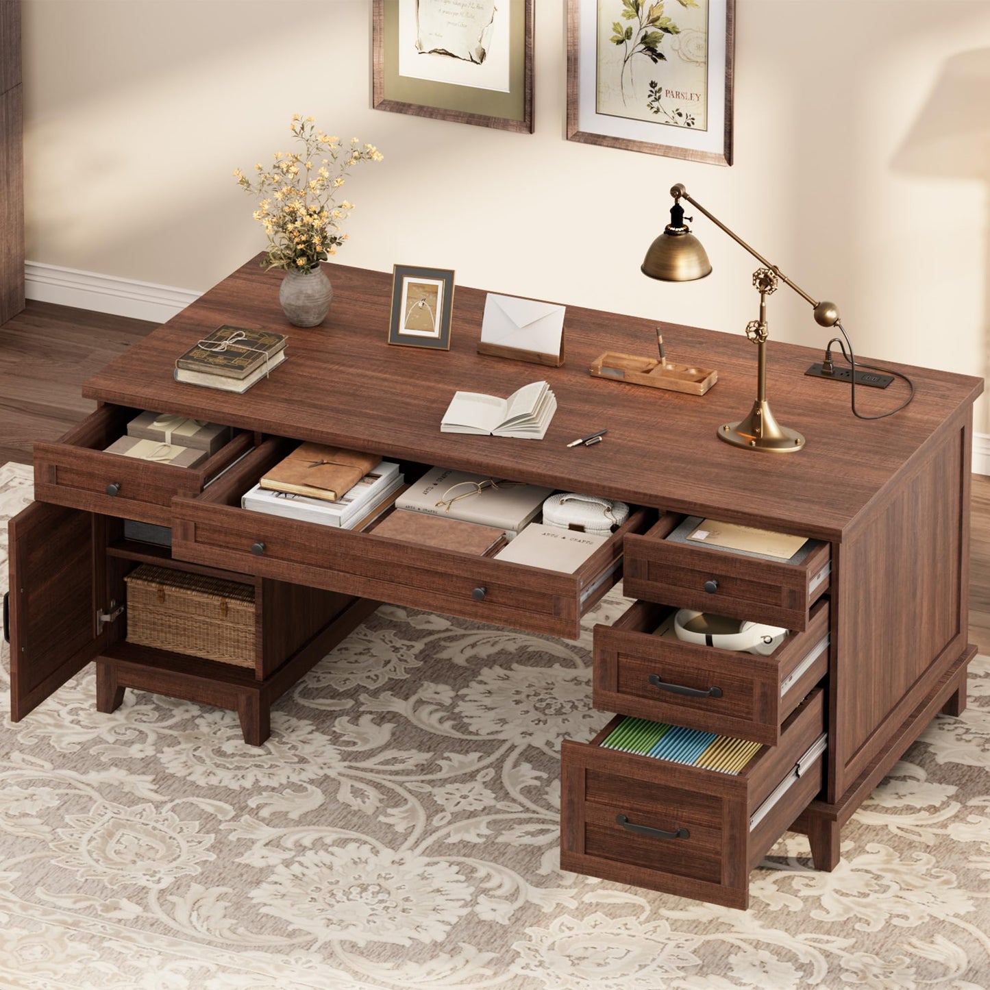 IDEALHOUSE Farmhouse Executive Desk 60 Inch, Wooden Home Office Desk with Adjustable Storage Cabinet, Built-in Charging Port, File Cabinet for Writing & Study, Elegant Workstation, Retro Brown