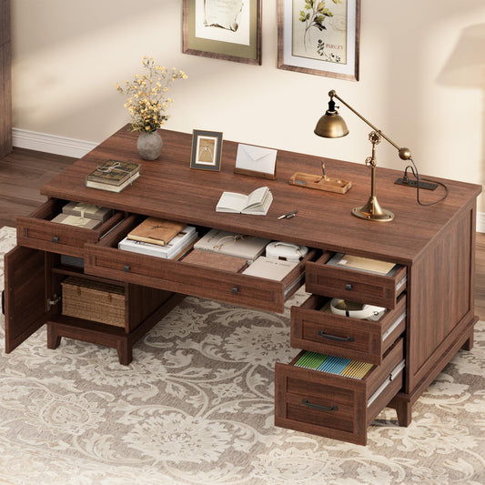 IDEALHOUSE Farmhouse Executive Desk 60 Inch, Wooden Home Office Desk with Adjustable Storage Cabinet, Built-in Charging Port, File Cabinet for Writing & Study, Elegant Workstation, Retro Brown
