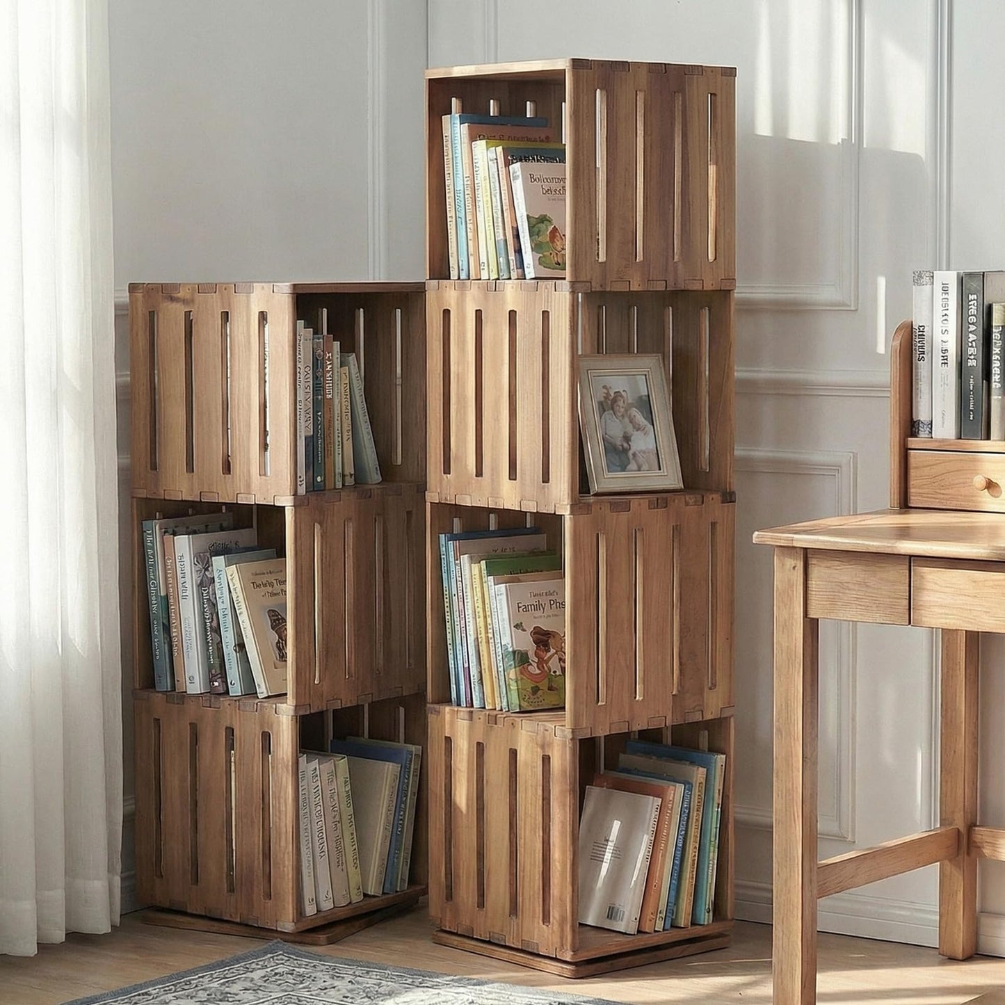 unununu Wooden Rotating Bookshelf, 360°Spinning Deep-Bin Tower for Art Books&Large Formats, Solid Wood Revolving Bookcase, Floor Standing Storage Rack,Corner Organizer,Small Space,study,Office, 5-Tier