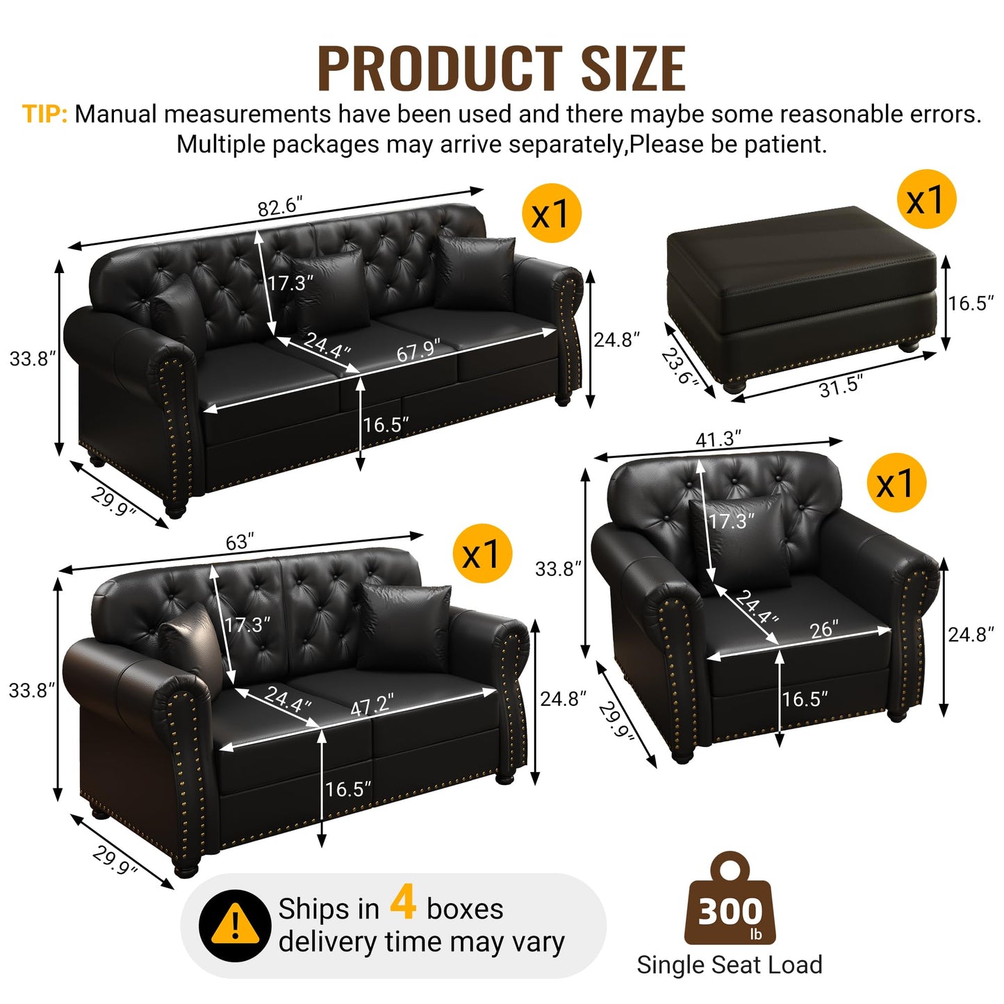KEIKI 3-Piece Chesterfield Sofa Set with 1 Faux Leather 3-Seater Sofa & 1 Loveseat & 1 Single Sofa, 6-Seater Couch Set with Nailhead Trim & Rolled Arms & 1 Ottoman & 6 Pillow, for Living Room, Black