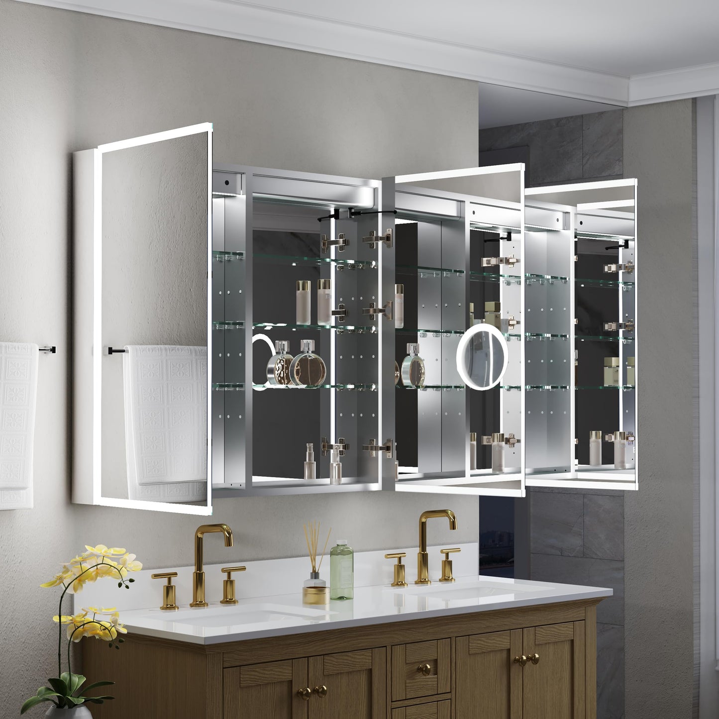 WELLFOR 60" X 36" LED Medicine Cabinet with Mirror, 3X Magnifiying Mirror Cabinet, Defogging/Dimmable Bathroom Mirrored Cabinet, Lighted Medicine Cabinet with Outlets & USB Ports, Three Opening Doors