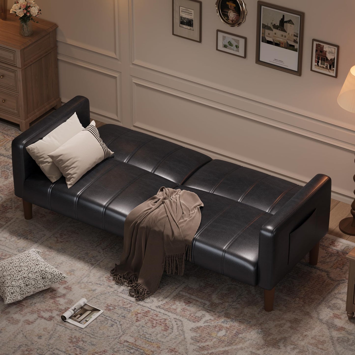 GarveeHome Futon Sofa Bed, 75-Inch Modern Faux Leather Convertible Couch, Mid-Century Loveseat for Small Space, Living Room, Bedroom, Black