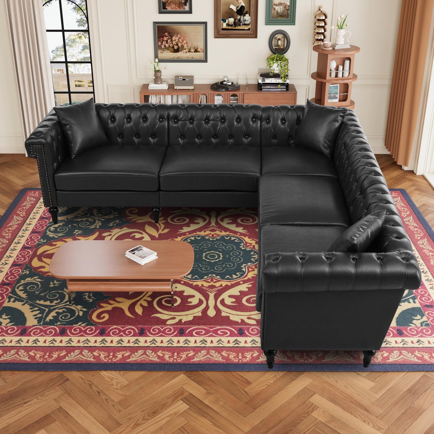 KEIKI 99" L-Shaped Luxury PU Leather Chesterfield Sectional Sofa with Rolled Arms and Nailhead, Mid-Century Style Oversized 5-Seater Button Tufted Couch, Easy Assembly, for Living Room, Black