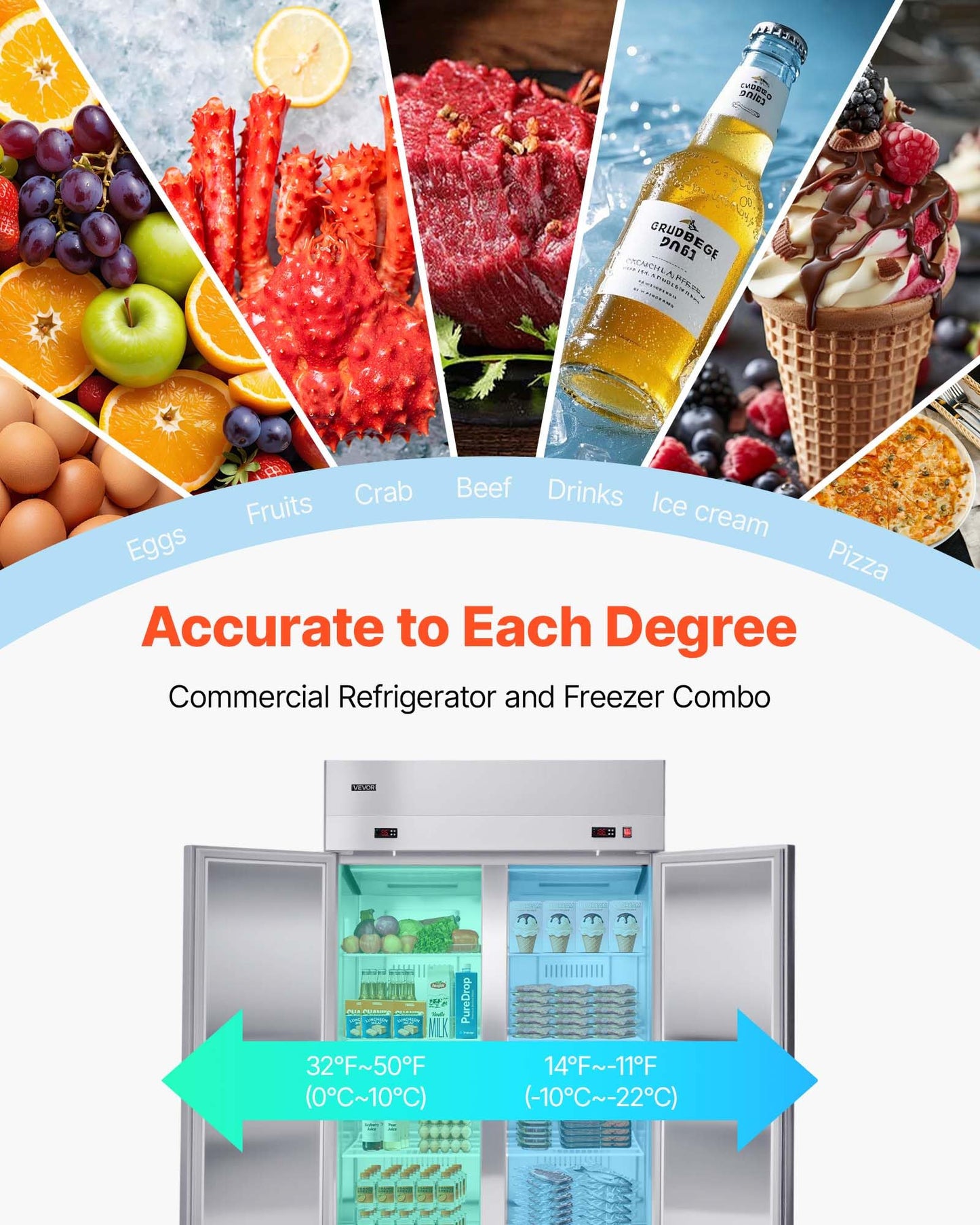 VEVOR Commercial Refrigerator and Freezer Combo 48" W, 31 Cu.Ft Stainless Steel Upright Freezer/Refrigerator with 4 Doors, Auto-Defrost, 6 Adjustable Shelves, UL Certified