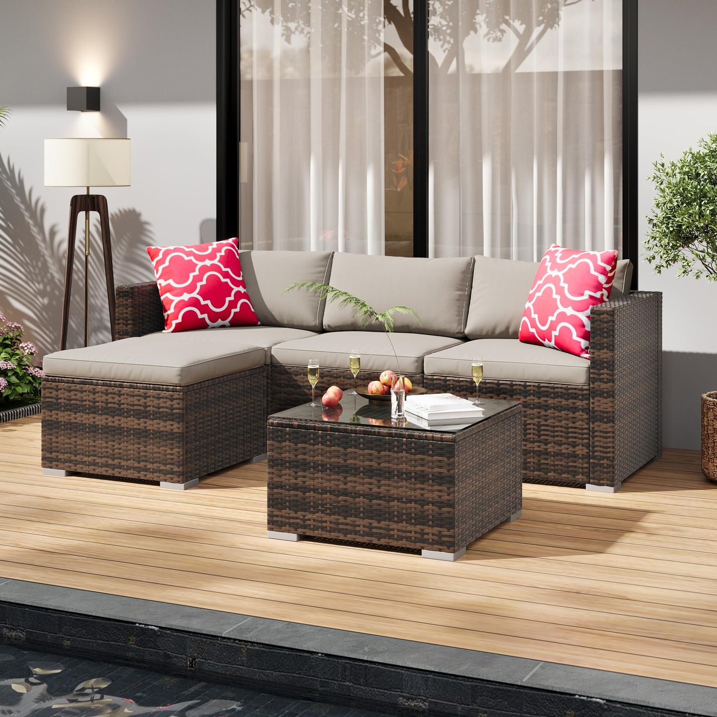 PeakPursuit Outdoor Patio Furniture Set, 5 Pieces Rattan Patio Conversation Sets with Glass Coffee Table and Cushion,All Weather Outdoor Patio Sofa for Garden, Poolside, Backyard,Grey