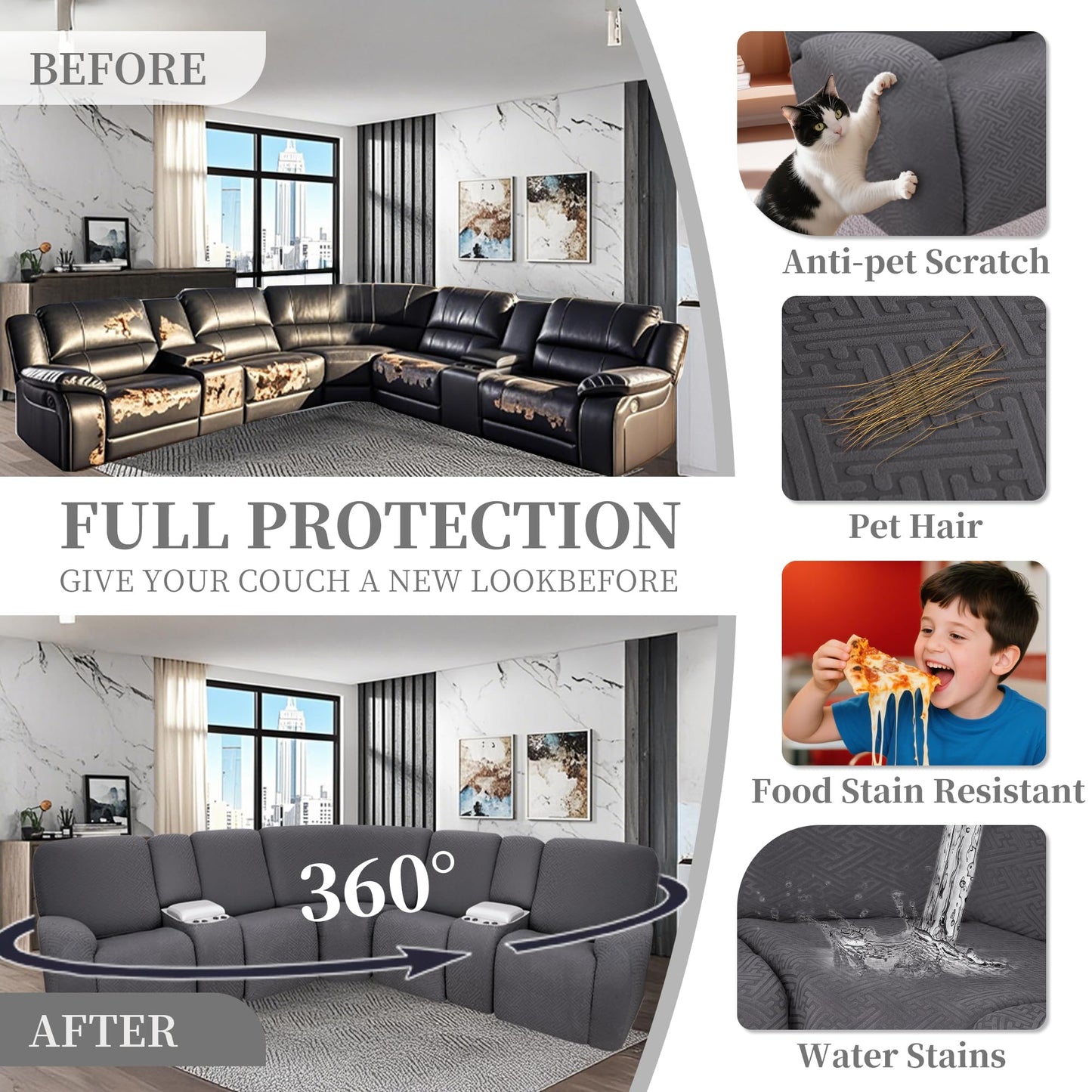 ROFASVCO 100% Waterproof Sectional Recliner Couch Covers for Reclining Couch L Shaped Corner Sectional Sofa Cover Jacquard Stretch L Shape Recliner Slipcovers (5 Seater 2 Console Cover, Deep Grey)