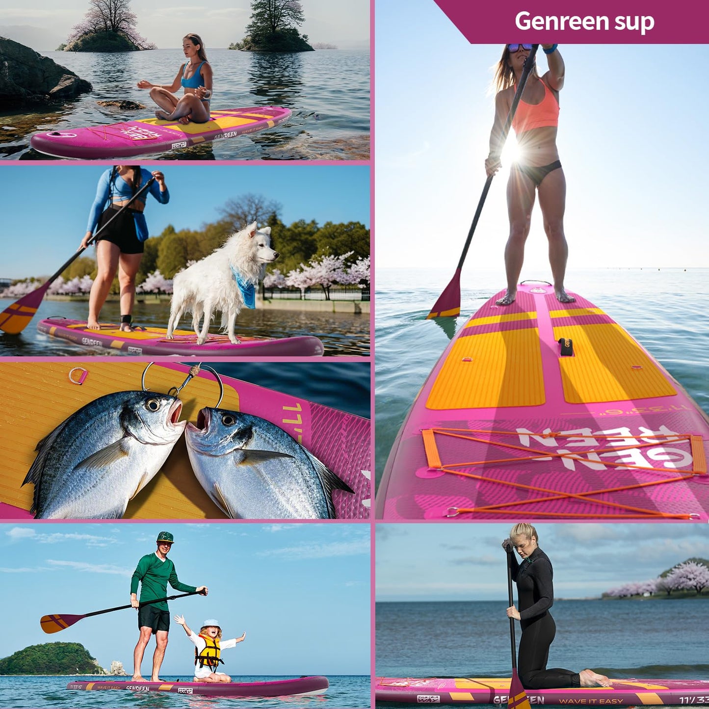 Genreen Paddle Board Stand Up Inflatable SUP Newly Improved 400LBS EVA 0.5cm 3 Fins Quality Inspection5 for Japanese Customers Ultra Stable 11'33"6" Monstera Red Violet Peru