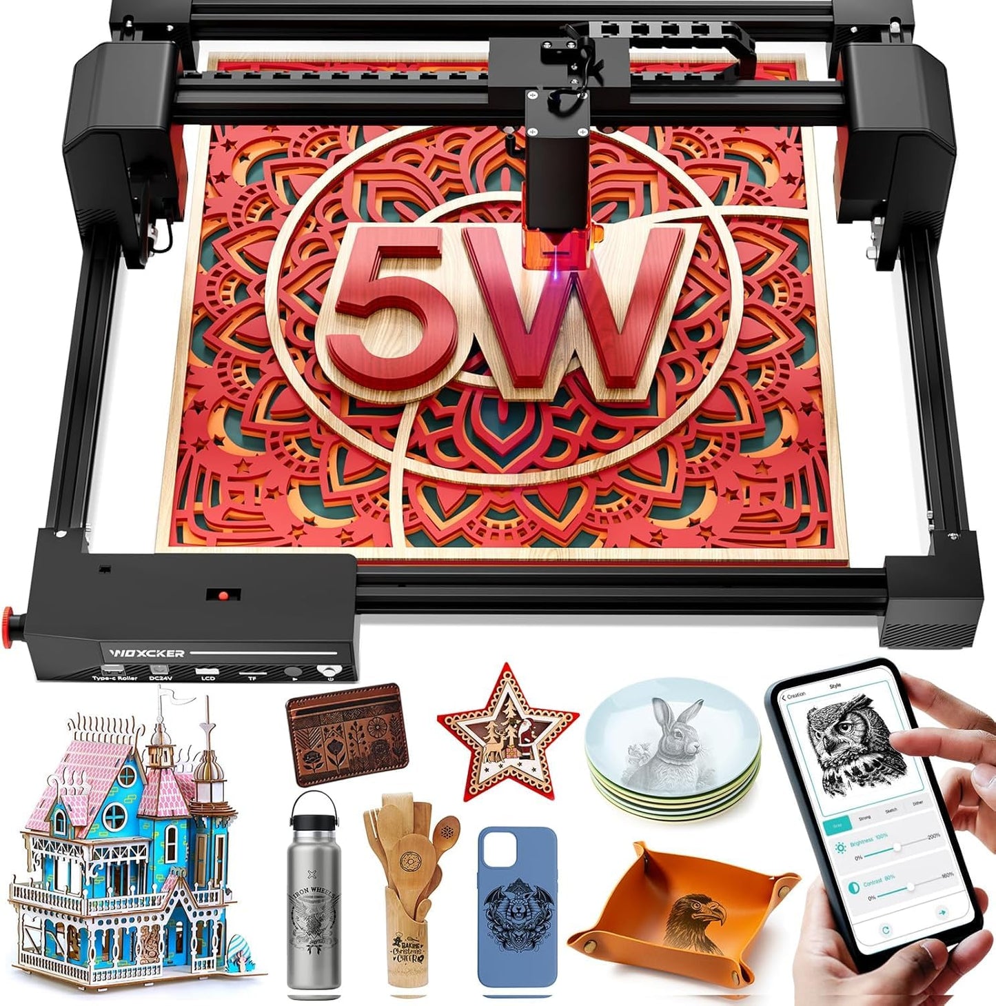 Laser Engraver for Beginner, 5.5W 300x300mm Large Working Area Engraving Machine, 0.01mm High Precision, 6 Major Safety Protection for Wood Leather Acrylic Glass Coated Metal (Class 1 Laser, 5500mW)
