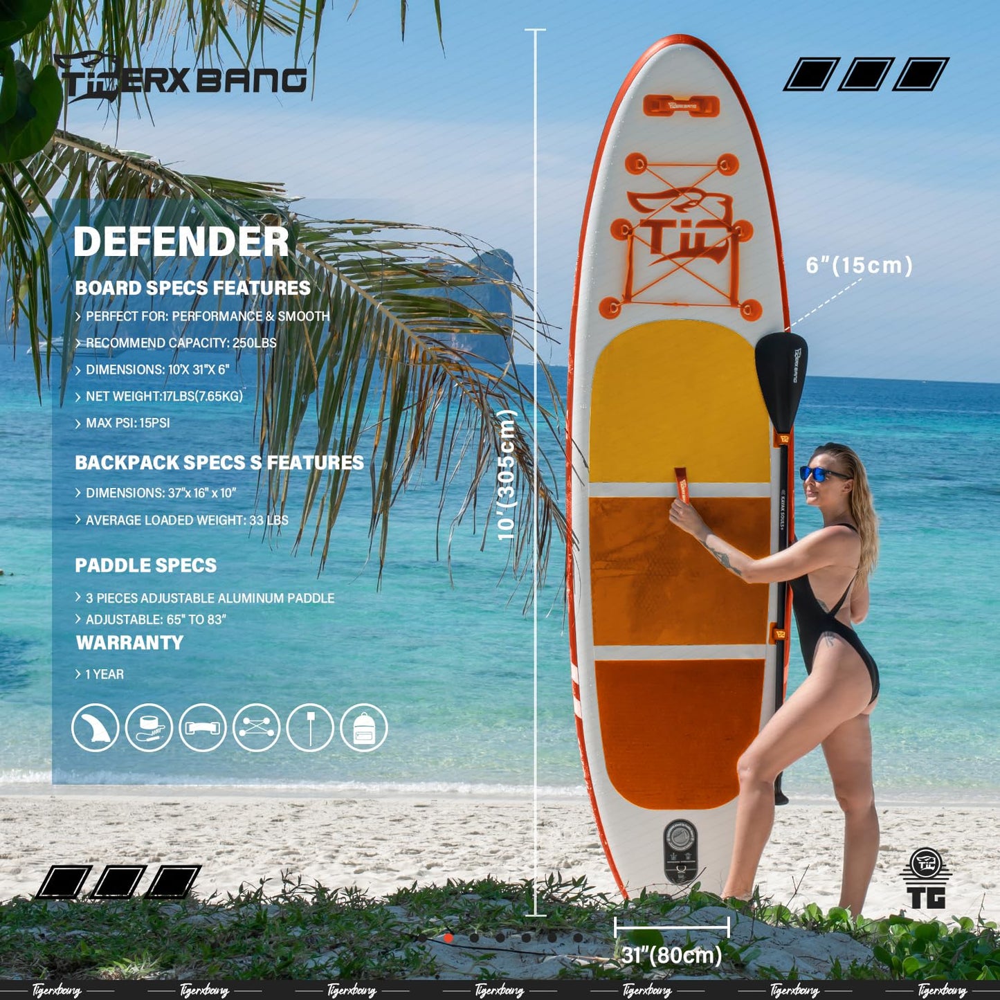 TIGERXBANG Inflatable Stand Up Paddle Boards with Premium SUP Board Accessories, Allround Paddle Boards for Adults/Youth,Defender Collection Orange