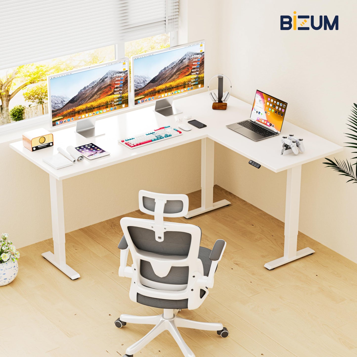 BIZUM 3 Leg Electric Standing Desk Frame,3 Motor L Shaped Standing Desk Legs up to 287 lbs,Adjustable Table Legs for Home Office,White
