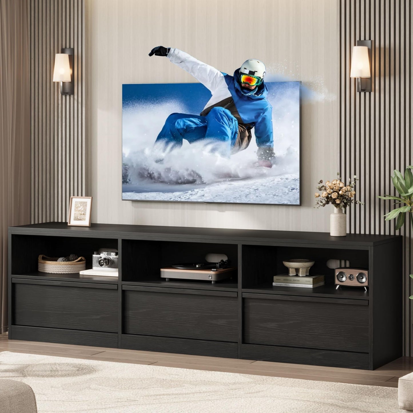 Garvee Mid Century Modern TV Stand for 65 70 75 in TVs, Industrial Entertainment Center with 3 Drawers & Open Shelves, Sturdy MDF for Living Room & Bedroom, Black