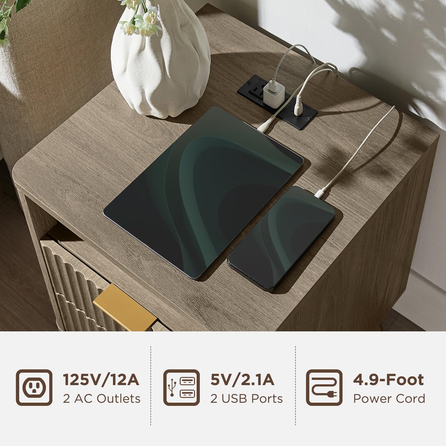 T4TREAM Fluted Nightstand Set of 2 with Charging Station, 18" Modern Side Table with 2 Drawer, End Table w/Storage, Bedside for Bedroom, Living Room, Curved Profile Design, Grey Alder