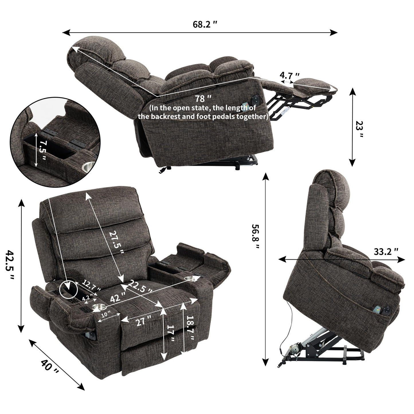 GDFStudio Lay Flat Power Lift Recliner Chair with Heat Massage Dual Motor Infinite Position Recliner USB and Type C Charging Cup Holders for Living Room Bedroom, Dark Gray