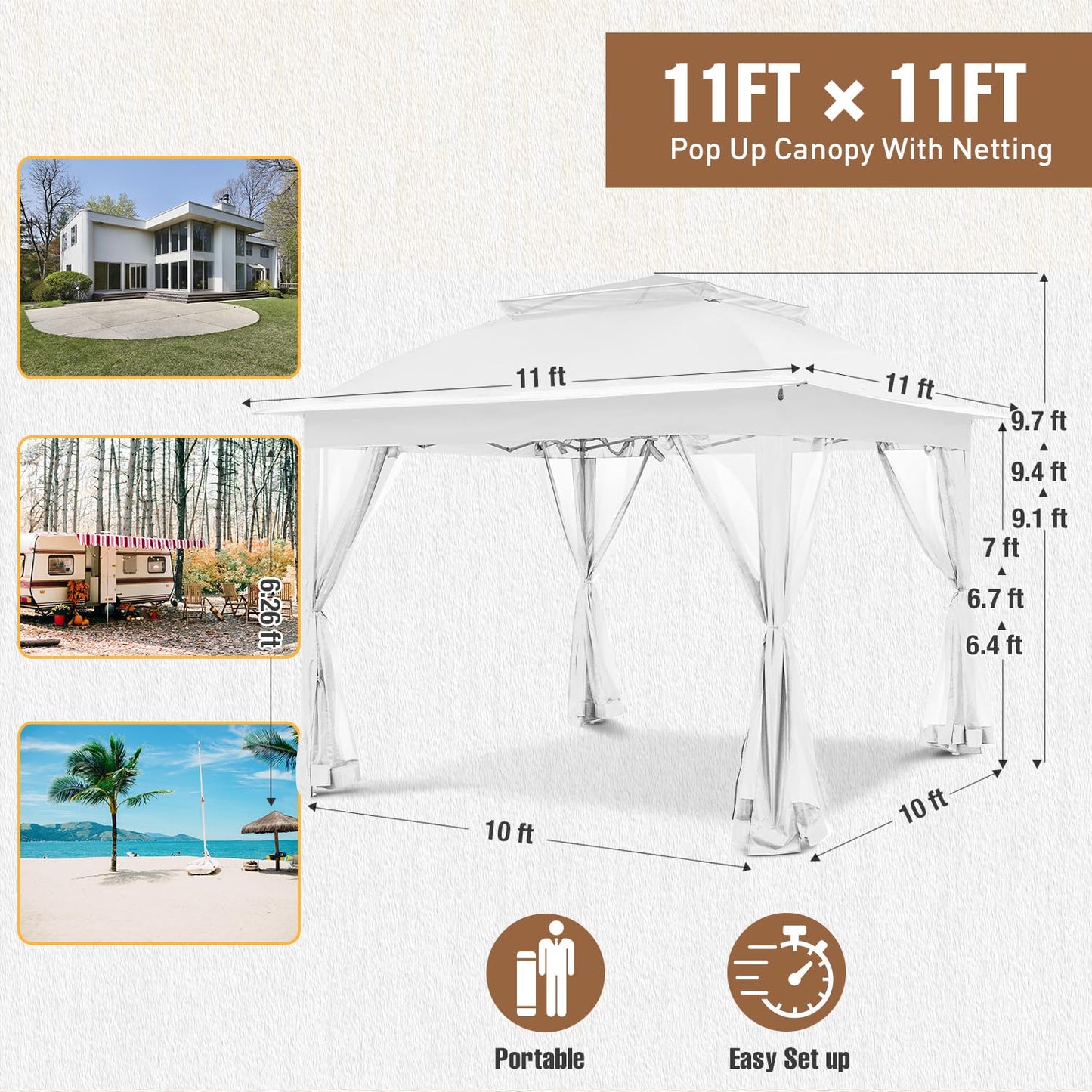 INTER HUT 11x11 Pop Up Gazebo Tent with Mesh Netting, Instant Outdoor Canopy with UPF 50+ UV Protection, Water Resistant, White