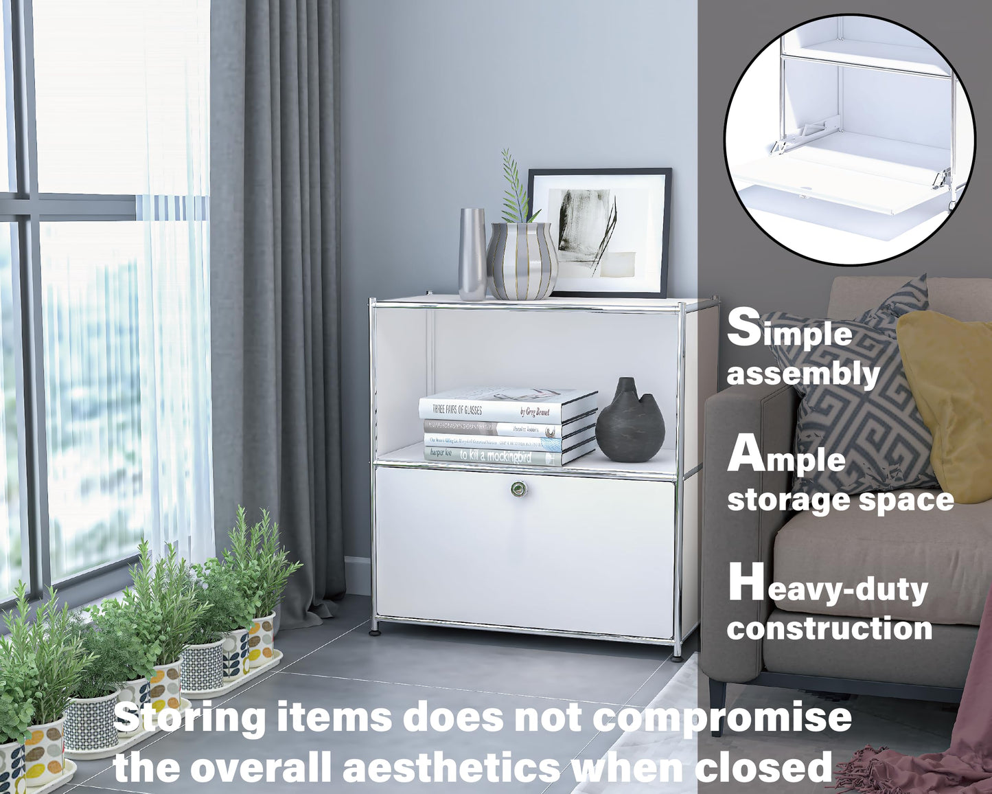 Simplink 32.5-Inch Flip-Top Storage Cabinet with Detachable Wheels, Metal Side Table and Small Sideboard Cabinet for Living Room, Bedroom, Office, Orange