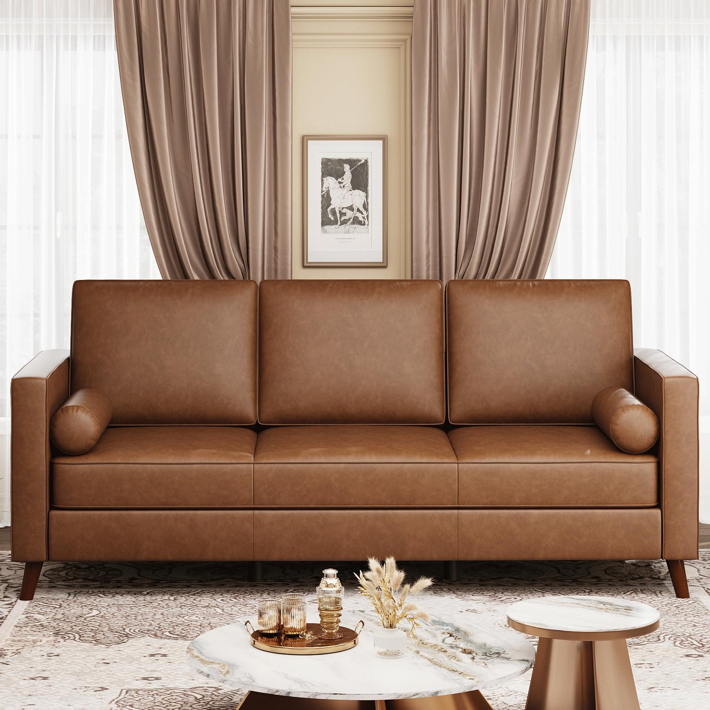IDEALHOUSE Leather Couch 81 inch, Mid Century Modern Sofa 3 Seater with Deep Seat & Removable Cushions, Faux Leather Chesterfield Couch for Living Room, Office, Brown