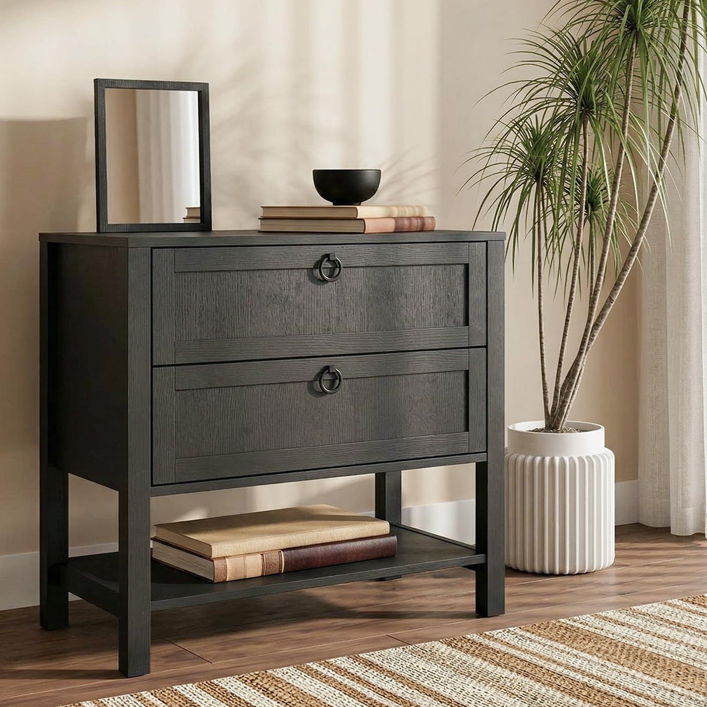 Chyanmoo Nightstand with Charging Station, 2-Drawer Wooden Side Table, Farmhouse Bedside Cabinet with USB Ports & AC Outlets, Solid Wood Grain End Table for Bedroom, Living Room, Office (2 pcs)
