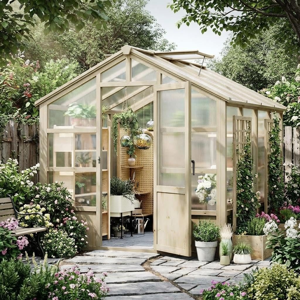 GarveeLife Wooden Greenhouse, 8x8 ft Greenhouses for Outdoors with Lockable Door, Wood Frame & Adjustable Vent, Heavy Duty Greenhouse with Polycarbonate Panel for Outside, Garden, Yard, Light Brown