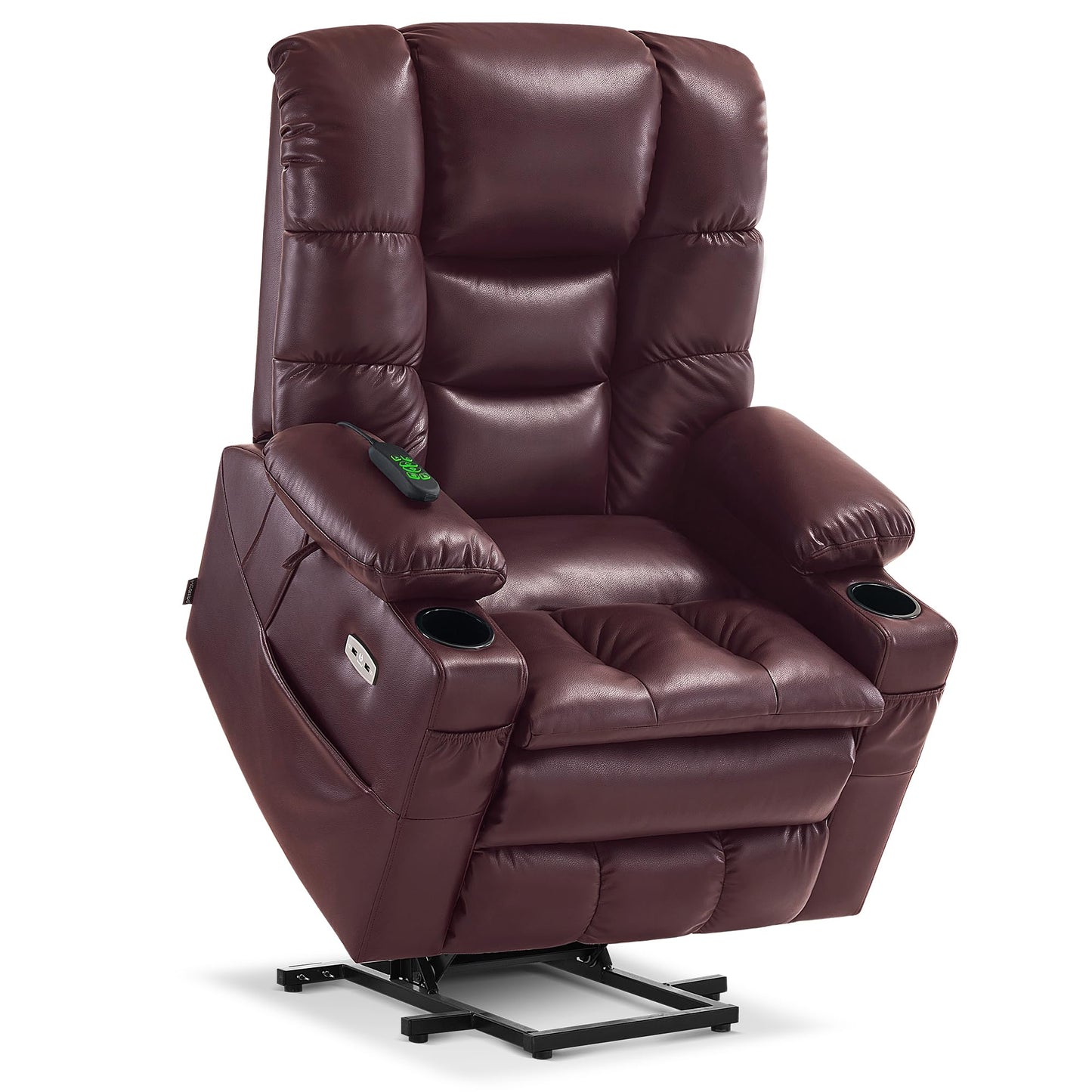 MCombo Triple Motor Lay Flat Power Lift Recliner Chair for Tall Elderly, Infinite Position, Massage, Dual Heating, Adjustable Headrest, Faux Leather 7634 (Wine, Large)
