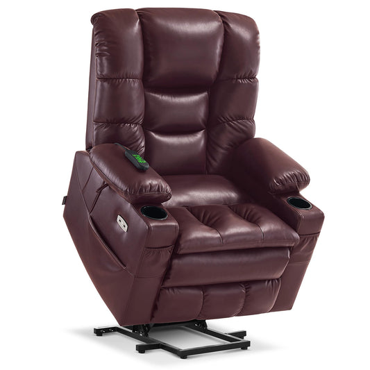 MCombo Triple Motor Lay Flat Power Lift Recliner Chair for Tall Elderly, Infinite Position, Massage, Dual Heating, Adjustable Headrest, Faux Leather 7634 (Wine, Large)