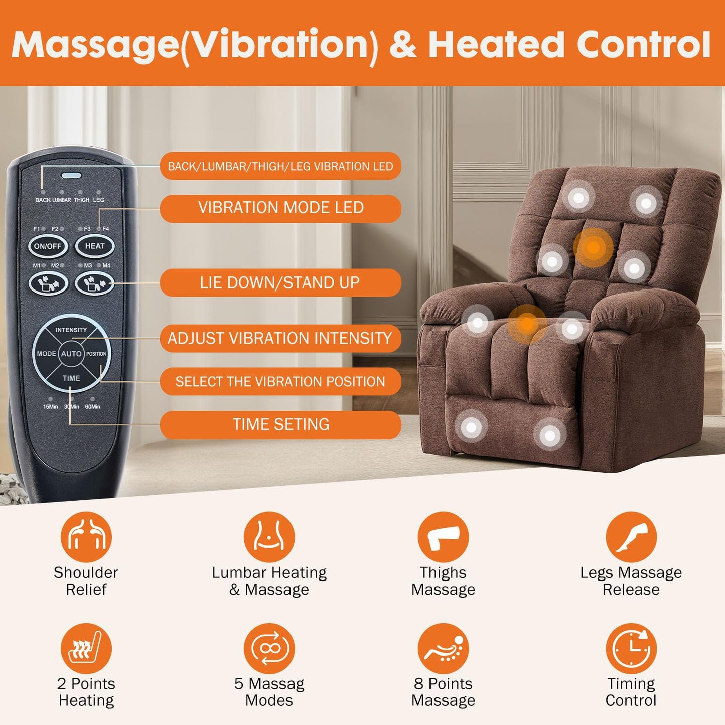 Power Lift Recliner Chair for Adult with Heated and Full Body Massage, Glider Nursery Chair with Cup Holder and USB Charge Port, Oversided Swivel Rocker Recliner for Living/Study/Bedroom Room, Brown