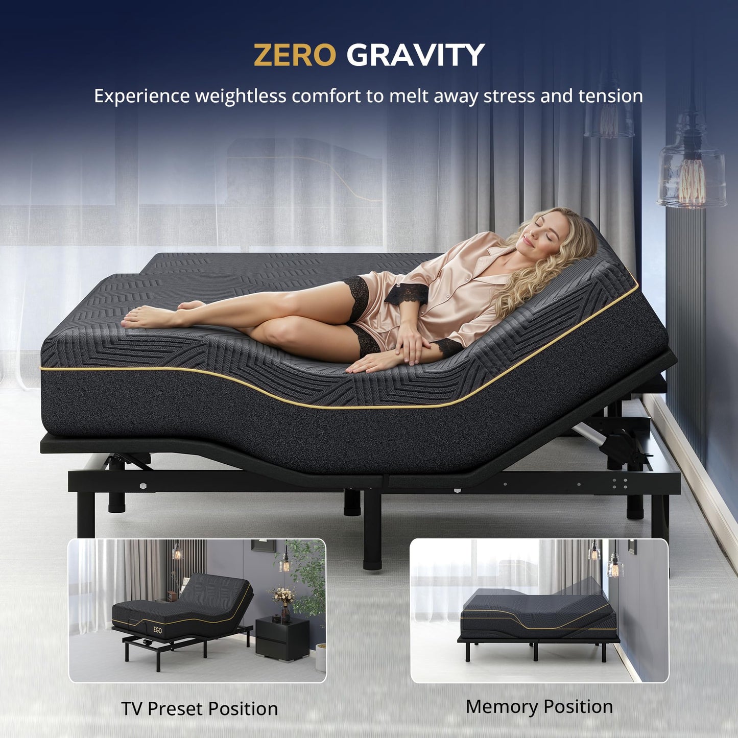 EGOHOME Split King Adjustable Bed Frame and 14" Memory Foam Mattress, Independent Head and Foot Incline Electric Bed with Massage, Wireless Remote, Zero Gravity, LED Lights, USB Ports, Adjustable Legs