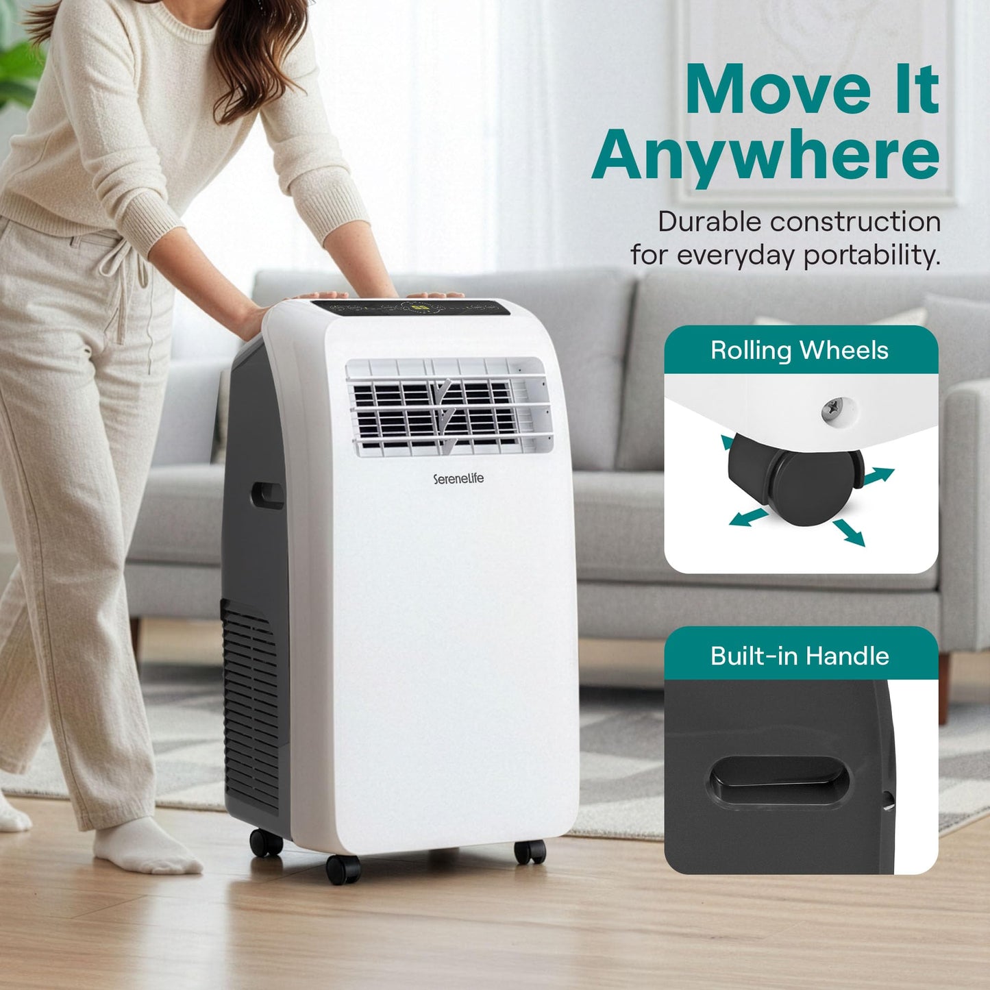 SereneLife Small Air Conditioner Portable 12,000 BTU with Built-in Dehumidifier - Portable AC Unit for Rooms up to 550 sq ft - Remote Control, Window Mount Exhaust Kit