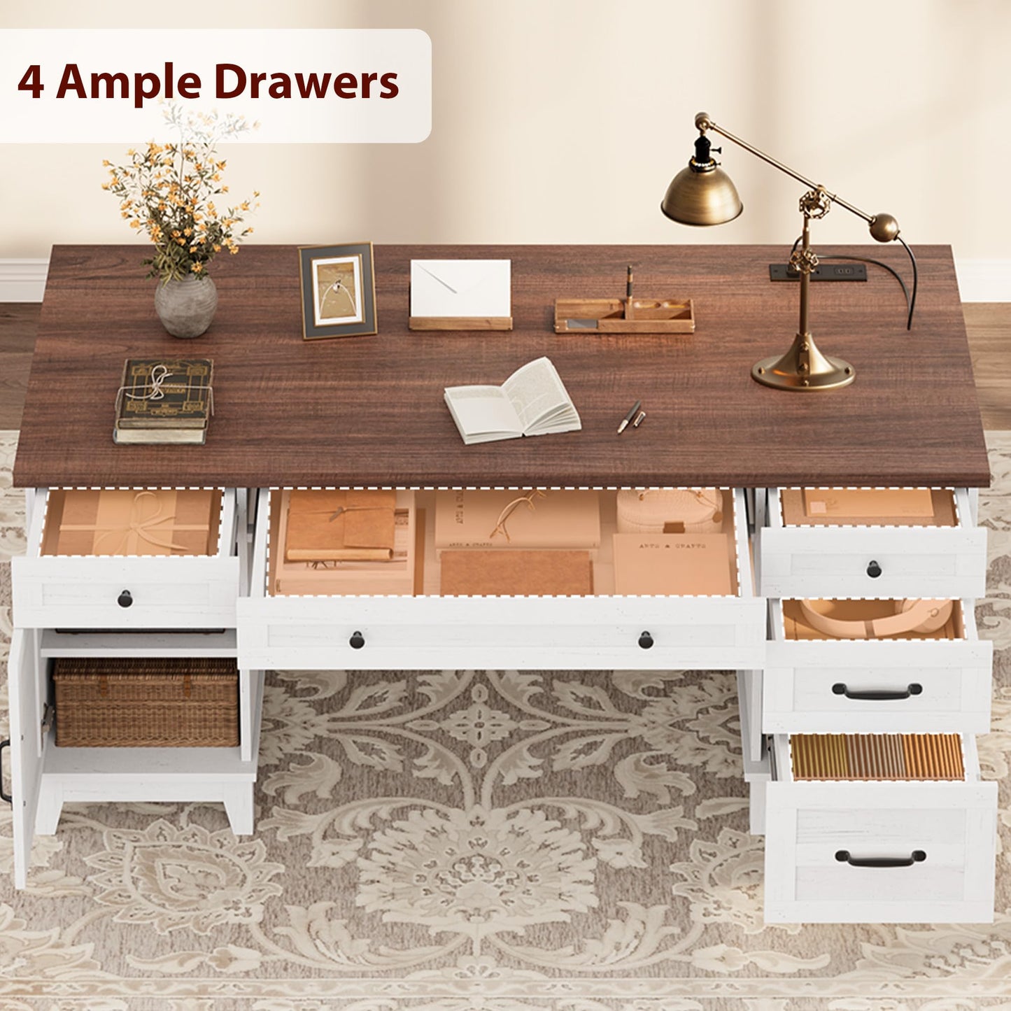 GAOMON 60in Wooden Executive Desk with 5 Drawers, Office Desk Computer Table with Charging Station, Farmhouse Home Office Desk with File Cabinet Storage, for Study and Home Office, White Walunt