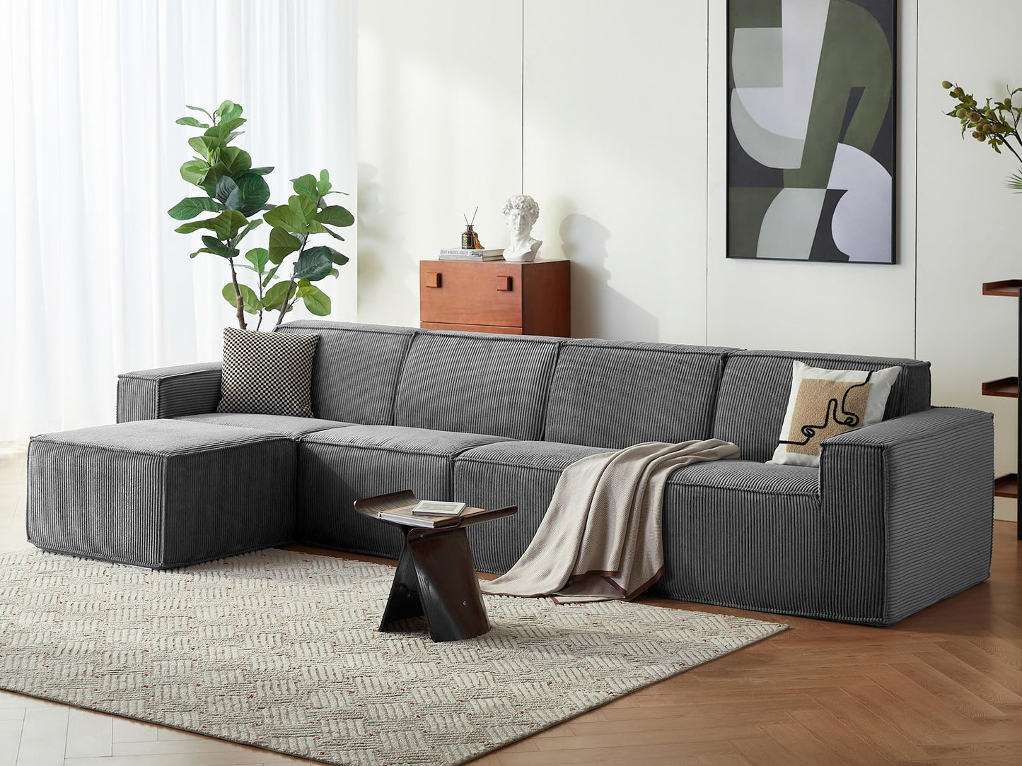 LINSY HOME Modular Sectional Sofa, 134" Boneless Couch L Shaped 4-Seat Sofa with Movable Ottoman, Corduroy Sectional Cloud Couches for Living Room, No Assembly Required, Bluish Grey