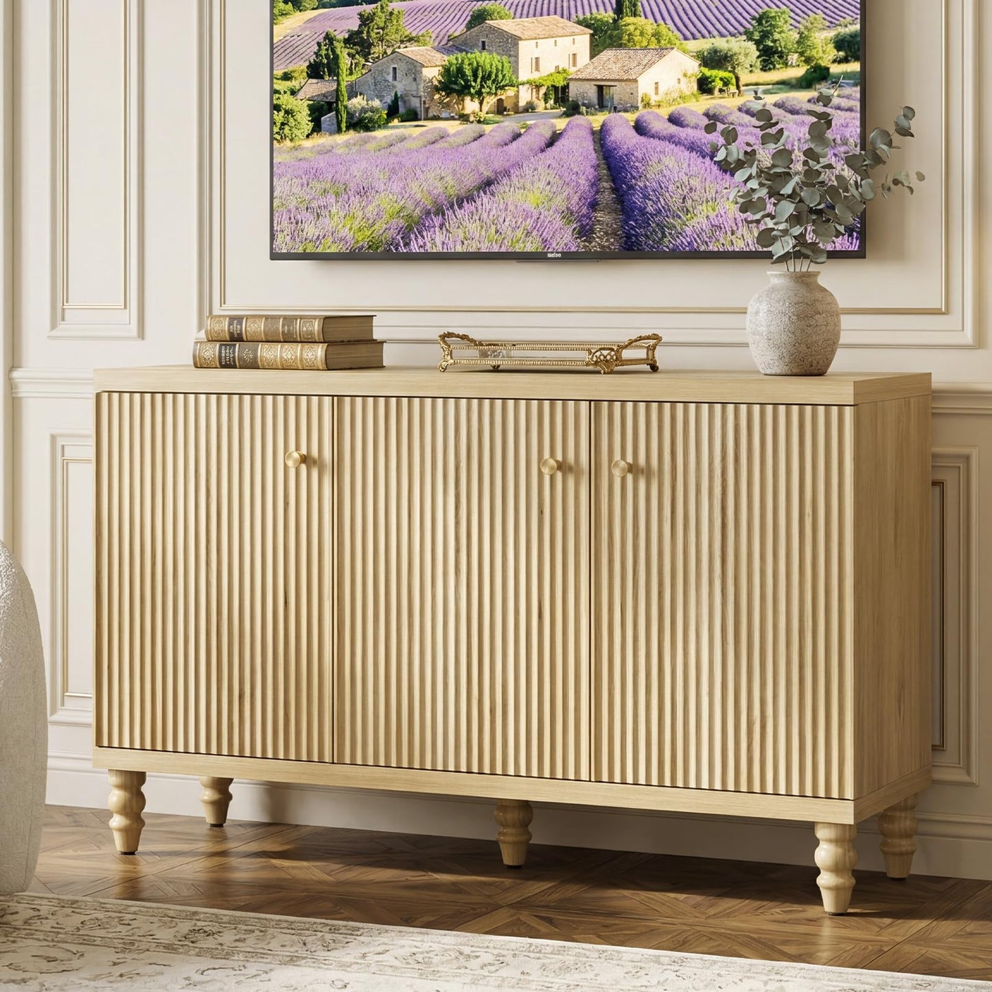 Bestier Modern Fluted TV Stand for 55 inch TVs, Wood Entertainment Center with Storage, Mid Century TV Stand with 3 Fluted Doors, Adjustable Shelves,Media Console Cabinet for Living Room, Natural Oak