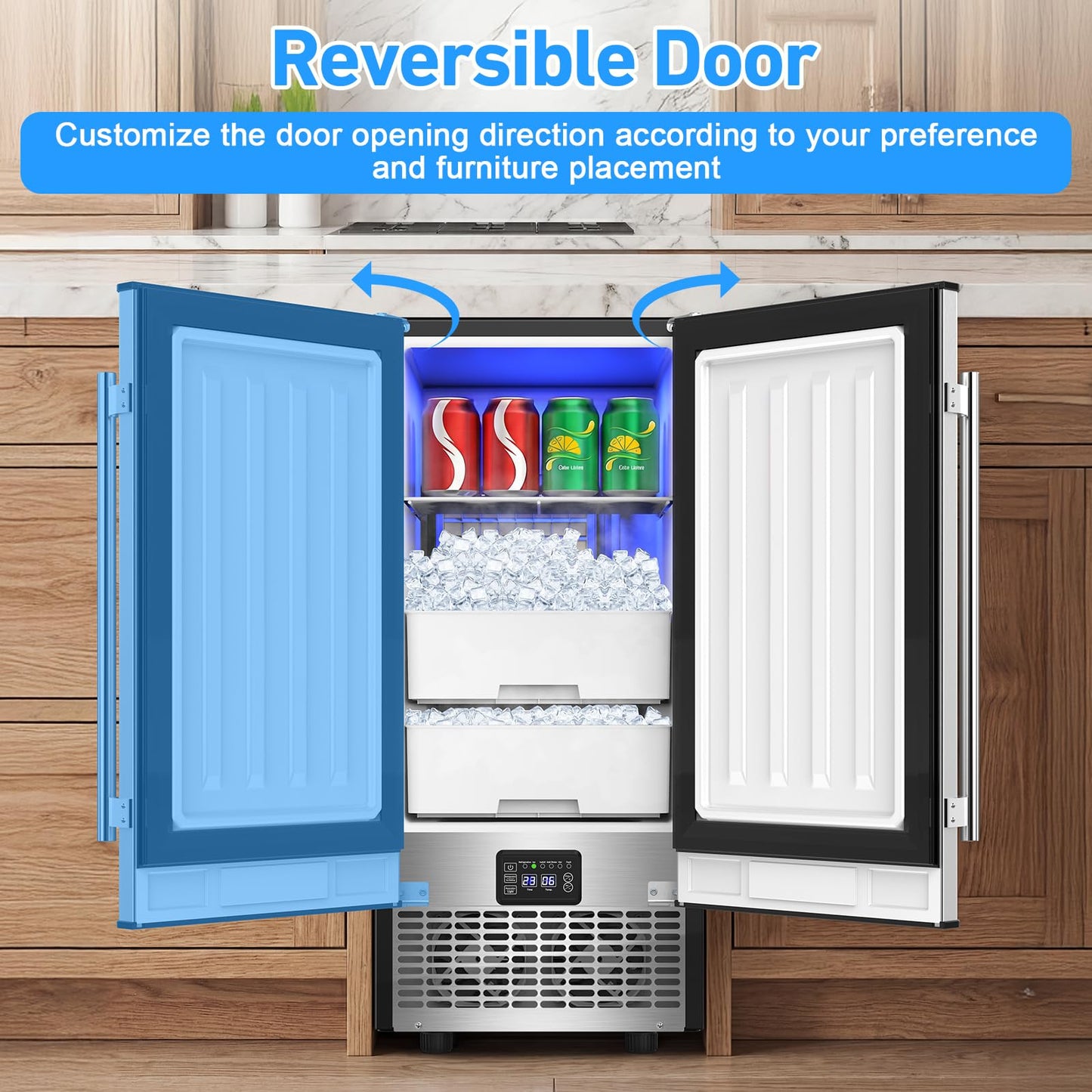 Under Counter Ice Maker 120lbs/24h, 2 in 1 Commercial Ice Machine & Beverage Refrigerator with 2 Drawers & 30lbs Storage, Stainless Steel Reversible Door, Adjustable Ice Thickness for Home Bar Kitchen