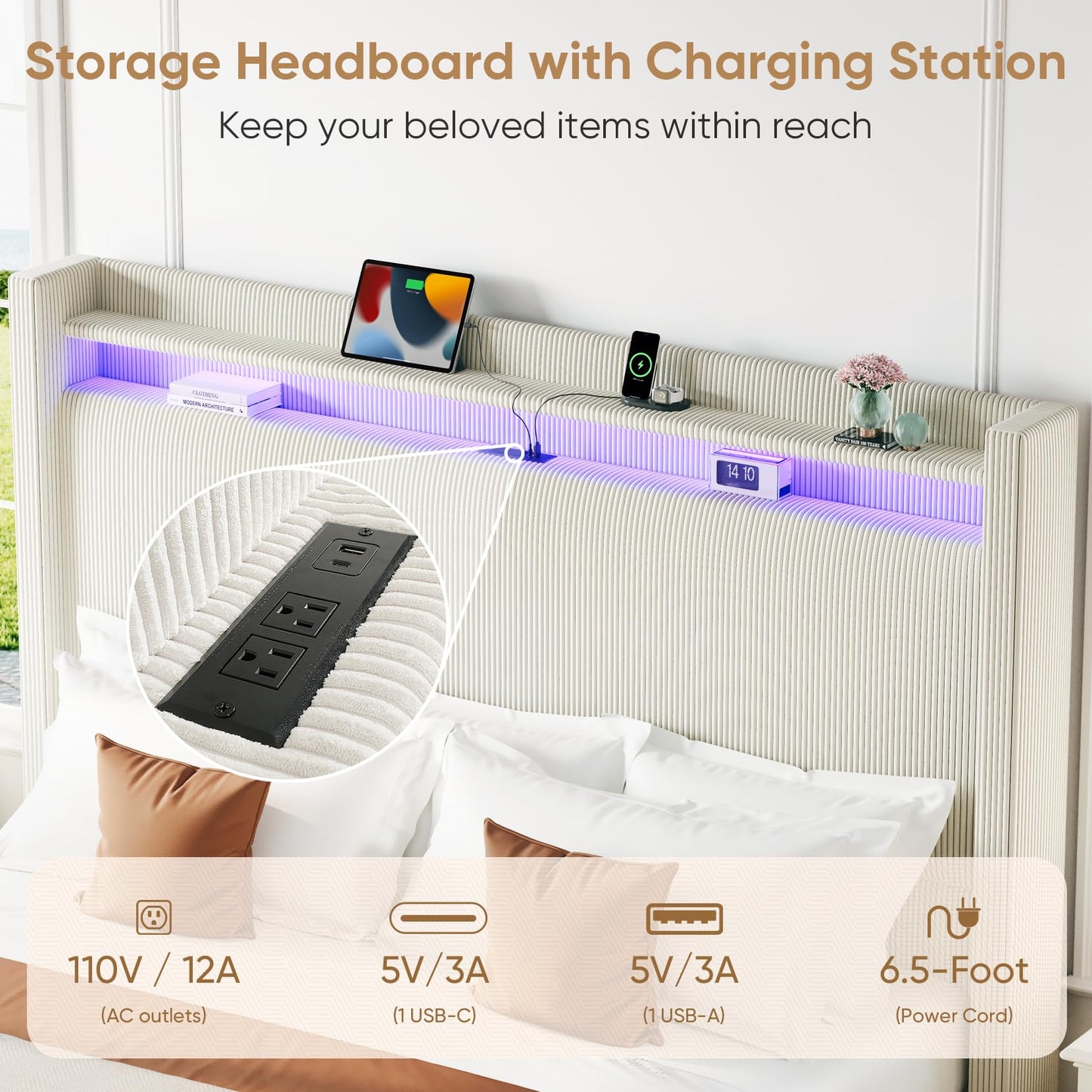King Size Bed Frame with Tall Headboard, 55.3" Upholstered Platform King Bed Frame, Elegant Corduroy Wingback Bed with LED Lights & Charging Station, No Box Spring Needed, Solid Wood Slats, Cream