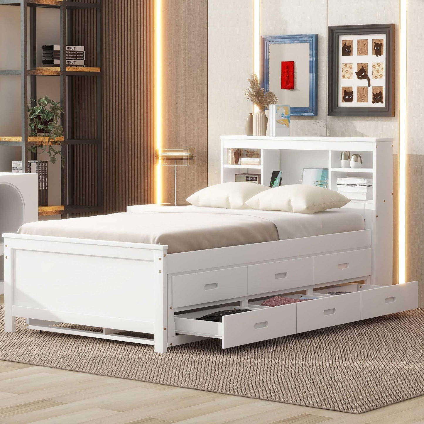 Merax Twin Size Platform Bed with Storage Headboard, USB, Wood Bedframe with Twin Size Trundle and 3 Drawers, White