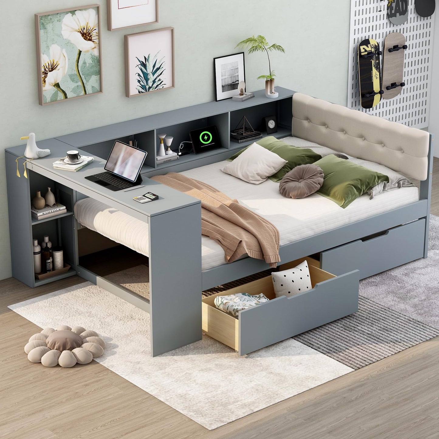 Ball & Cast Full Size Wood Daybed with Storage Shelves and Built-in Desk,Platform Bed w/Under-Bed Drawers & Charging Station,Upholstered Headboard,No Box Spring Needed,for Student Dorms,Gray