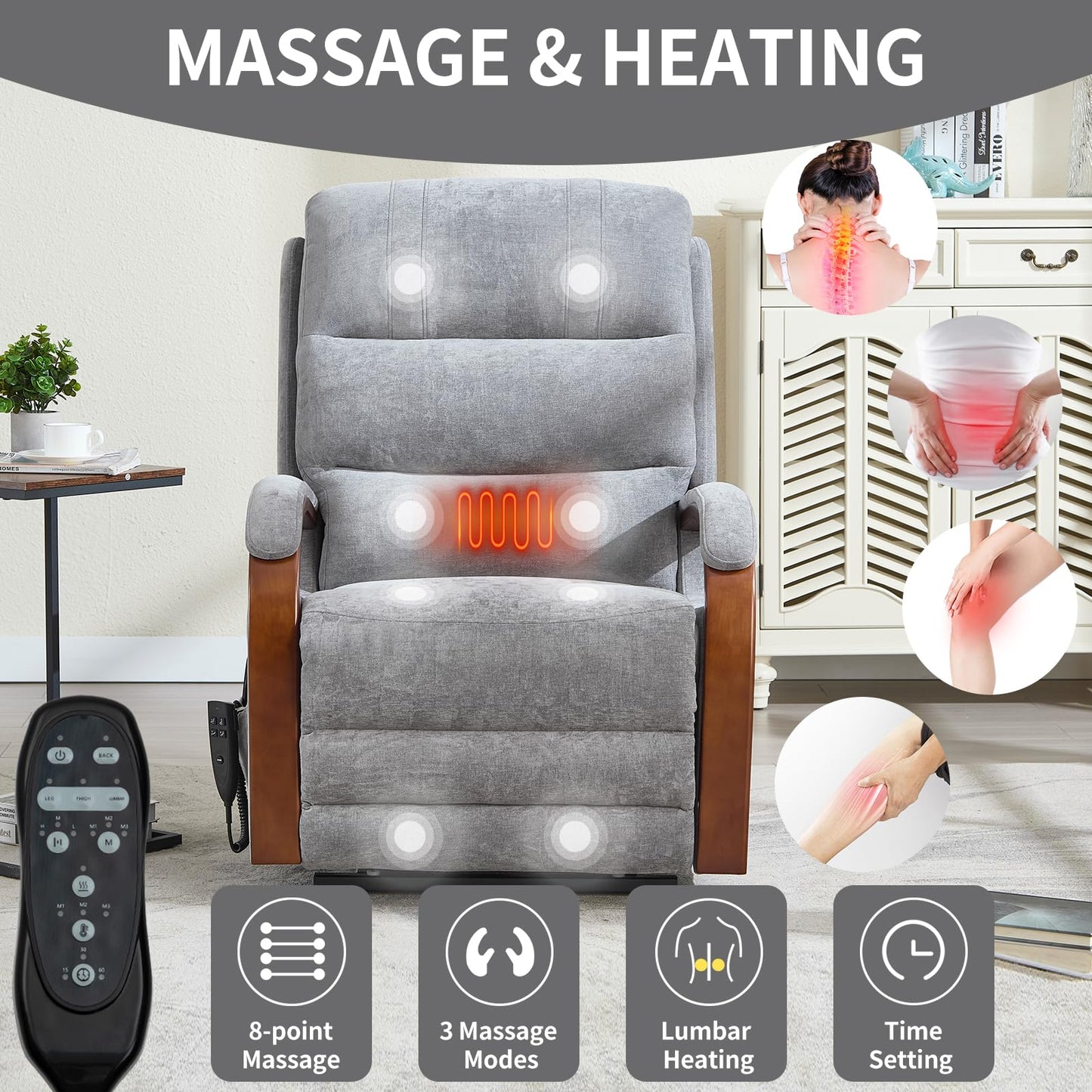 KEIKI Chenille Electric Power Lift Recliner Chair with Heat Massage, Solid Wood Armrests & Timer Function, Elderly Lazy Boy Sofa Seating for Home Theater, Infinite Position, Dual Motor, Up to 350 LBS