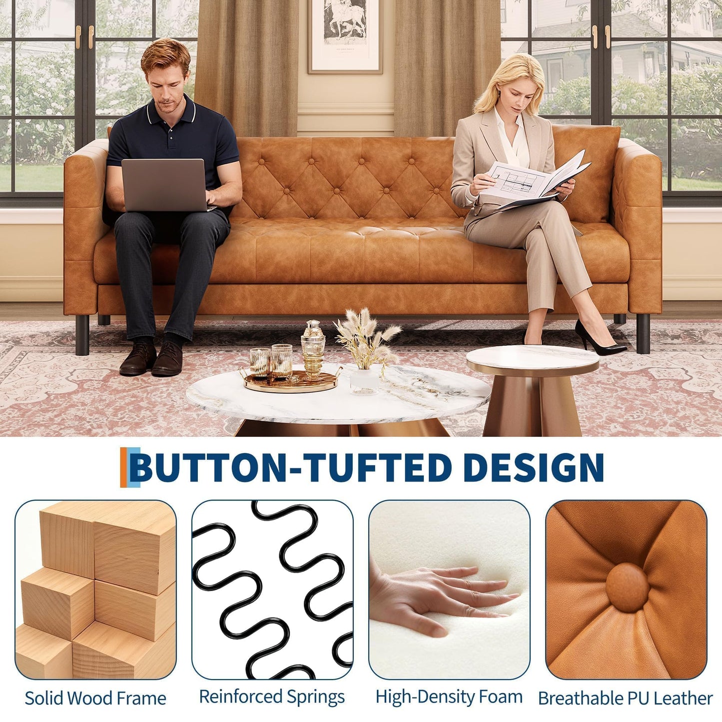 GarveeHome 81" Leather Couch for Living Room, Chesterfield Sofa with Deep Seat, Handmade Button Tufted 3 Seater Sofa, Modern Leather Sofa for Apartment, or Office, Cognac Tan