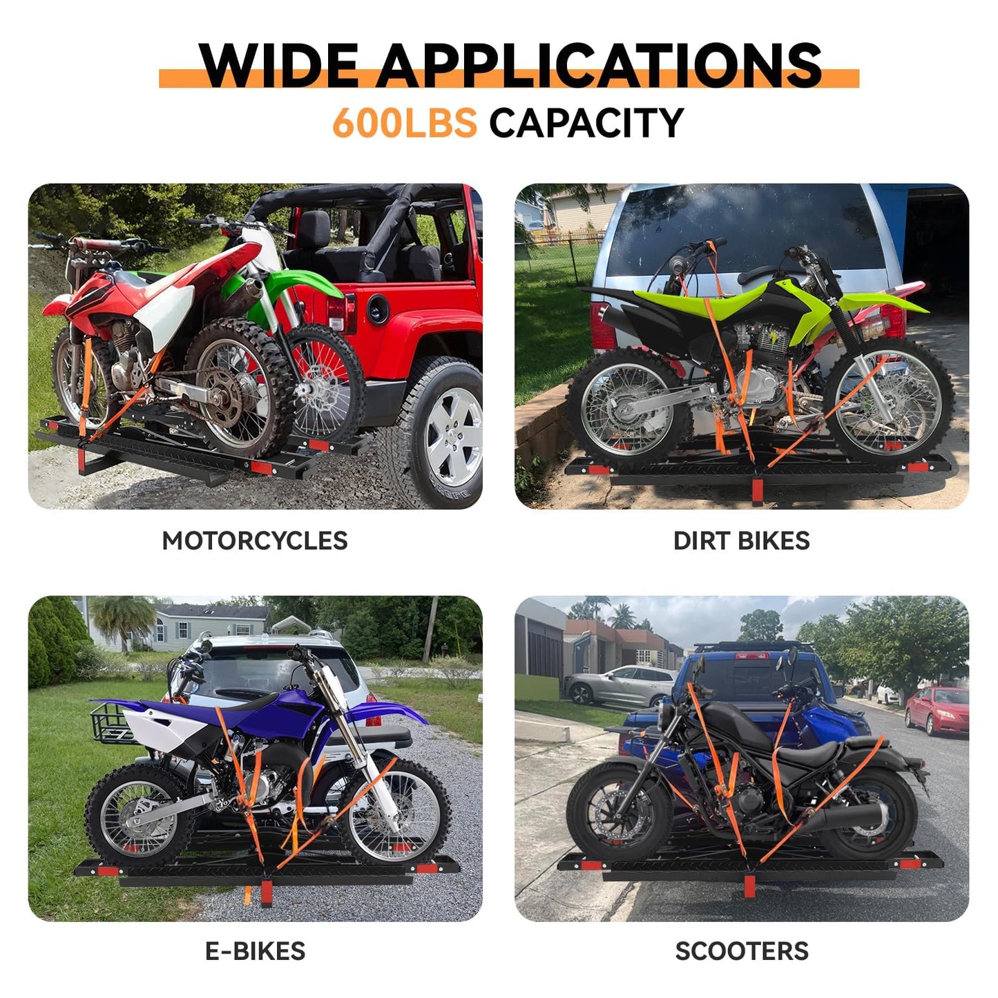 ExploreHorizon Heavy Duty Motorcycle Carrier for 2 Bikes, Hitch Mount Rack with Ramp for Dirt Bikes & Ebikes, 600 lbs Capacity with Ratchet Straps and Stabilizers, Receiver Hitch Ebike Carrier